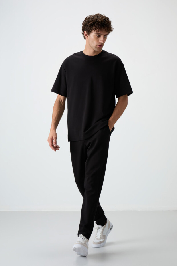 Siyah Pamuklu Kalın Yumuşak Dokulu Oversize Fit Basic Erkek Eşofman Takım - 85251