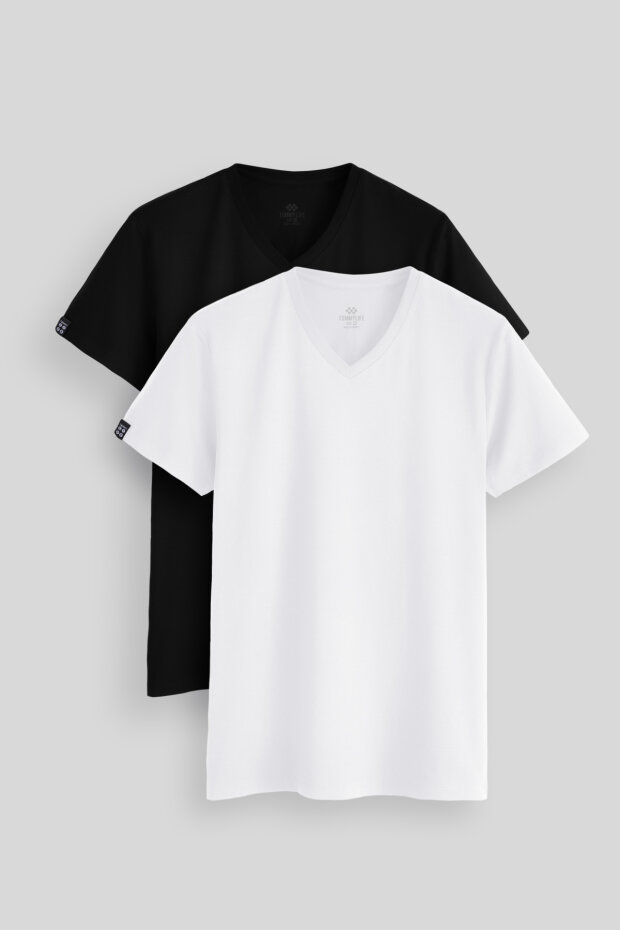 Standart Fit Basic V Yaka 2'li Paket Siyah-Beyaz Erkek T-Shirt - 87912