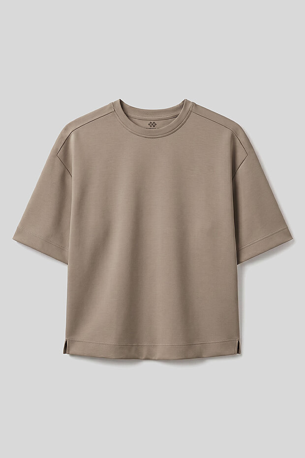 Koyu Bej O Yaka Oversize Kısa Kollu Kadın T-Shirt - 97316