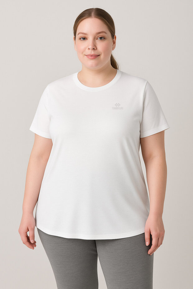 Beyaz Baskılı Rahat Form Büyük Beden Performans Kadın T-Shirt - 97308